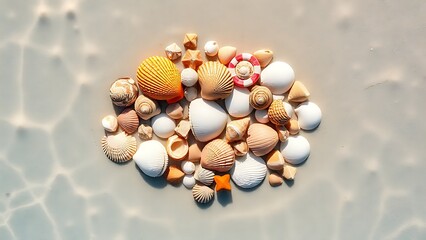 Fototapeta premium A collection of tropical seashells on wet sand with turquoise water reflections from above.