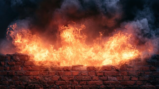 Flames engulf brick wall with dark smoke