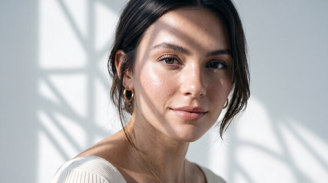 Close-up portrait of a beautiful woman with glowing skin and natural makeup in soft sun shadows
