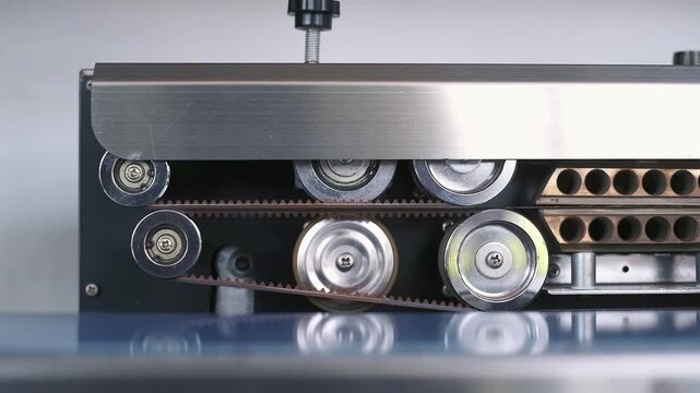 Close up of an industrial continuous band sealer machine mechanism with belts and rollers in motion for packaging.