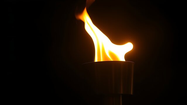 Paralympic flame burning in torch holder, fire against dark background.