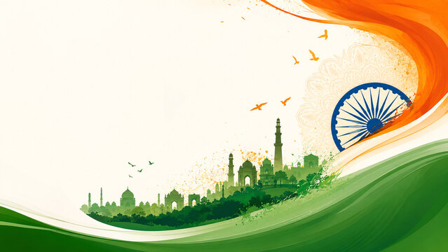 Indian independence day backdrop featuring silhouette of historical monuments and ashoka chakra with saffron and green wavy flag fabric ribbon texture.