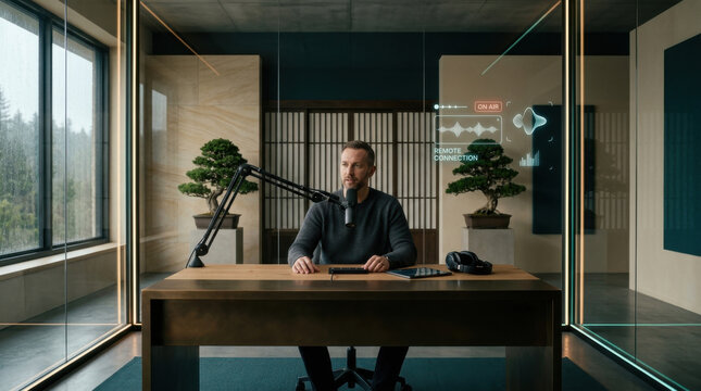 Professional Podcaster Broadcasting Live From Modern Studio With Minimalist Decor