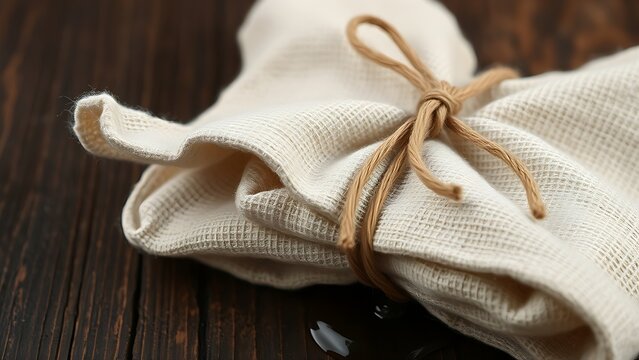 A linen cloth bundle tied with string, herbal paste and liquid seeping through.