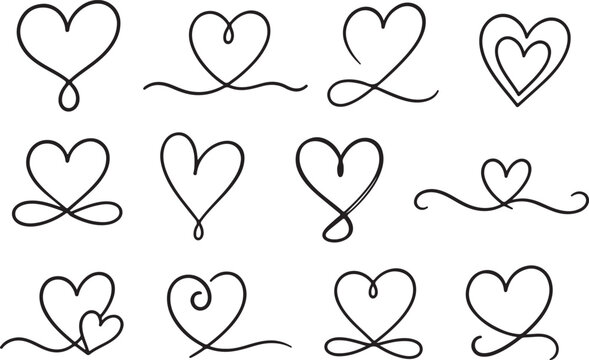 Set of hand drawn heart shapes and romantic line art symbols