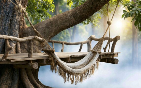 Tranquil Forest Retreat with Hammock Hanging from Tree Overlooking Misty Woodland Scenery at Sunrise