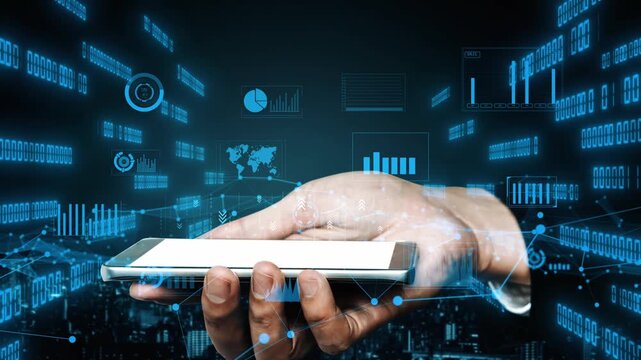 A hand holds a smartphone amidst a backdrop of digital data visualizations and graphs, showcasing the intersection of technology and business analytics in a modern context. Xenic
