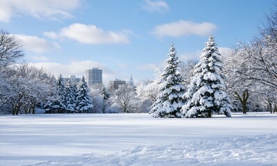 Obraz premium Snowy forest clearing in park