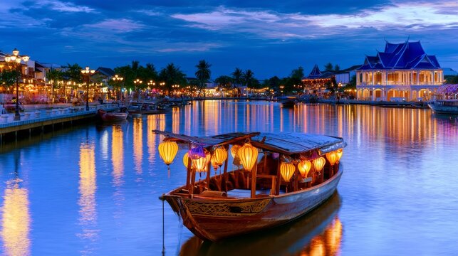 Scenic Floating Market with Handcrafted Wooden Boat and Colorful Lanterns in Serene Twilight Setting