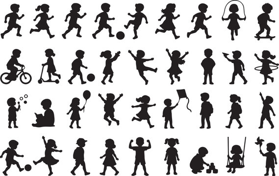 Set of happy children playing and doing activities silhouettes