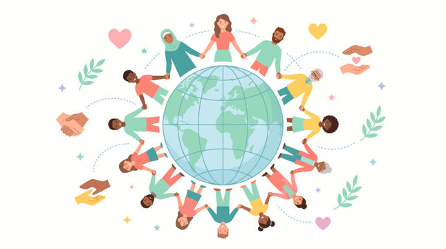 Diverse people holding hands around the earth globe for unity