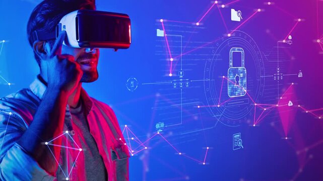 A young man immersed in a virtual reality experience, interacting with a visual interface. The scene conveys innovation and technology in a modern setting. Raster