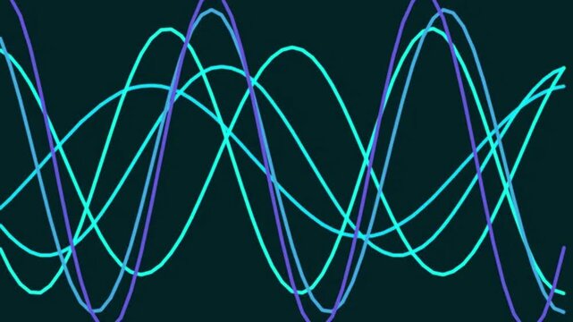 Glowing cyan and purple waveforms oscillating on a dark background