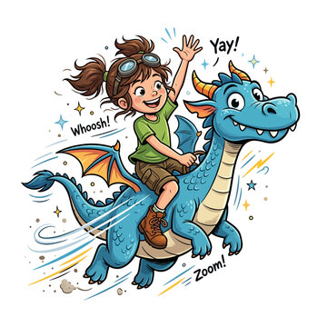Boy riding happy green dinosaur with fireworks and stars