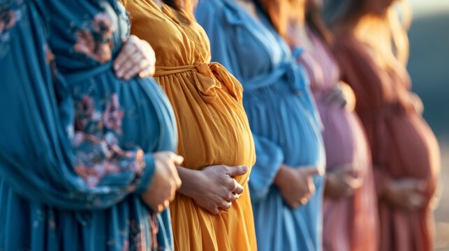 Expectant Mothers in Colorful Dresses Showcasing Pregnancy Embracing Maternity in a Beautiful Setting