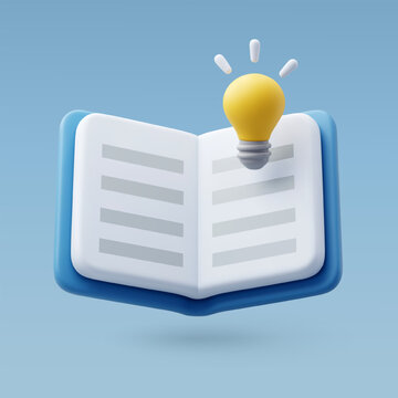 3D illustration Open book with a glowing light bulb, Education, Learning, Knowledge, Creative thinking, Innovation and New ideas.