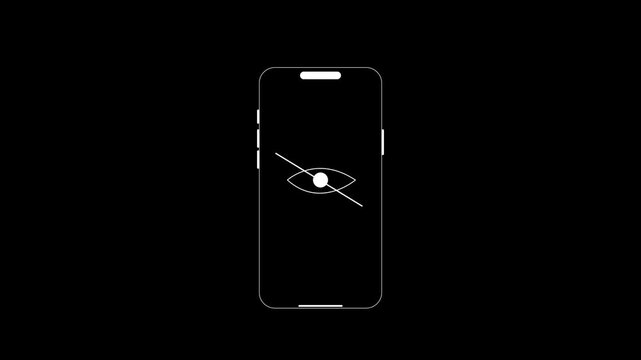 Mobile hidden visibility icon visual with white phone outline, crossed eye mark, and black empty interface. Perfect for privacy videos, security apps, tutorials, and motion overlays.