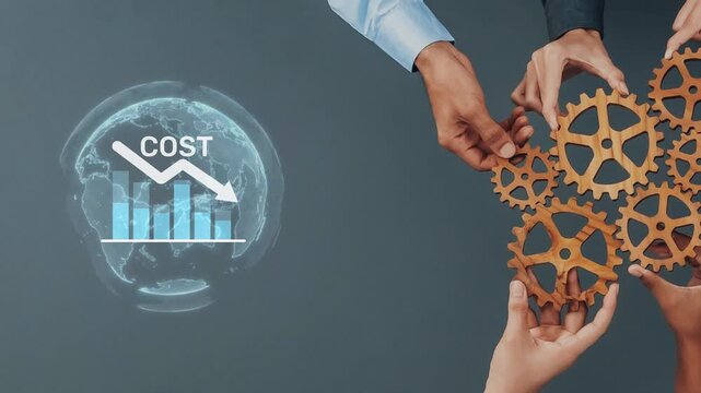 This image captures a collaboration between hands working with gears and a cost reduction graph, illustrating strategic business planning and financial management. Raster