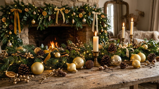 elegant rustic christmas table centerpiece with golden baubles candles and pine cones