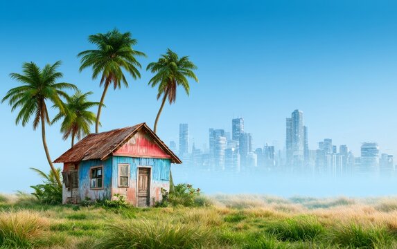Vibrant digital illustration of a small colorful house in lush grass with palm trees and city skyline backdrop