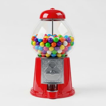 Classic red gumball machine filled with colorful round bubblegum treats standing isolated. This nostalgic vintage style candy dispenser offers a variety of sweet snacks for kids and adults alike here.