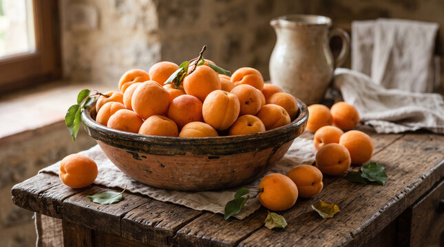 Fresh ripe apricots in a rustic ceramic bowl on a wooden table