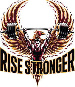 Rise Stronger GYM fitness workout motivational typography Quote  t shirt with muscular Eagle graphic trendy tee Design weightlifting and powerlifting  phoenix wings men's apparel Bicep success Vintage
