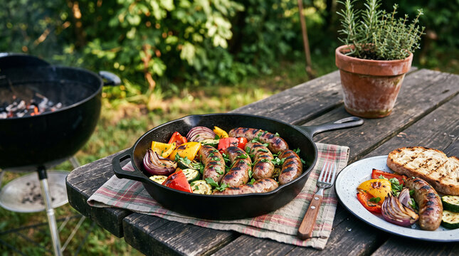 Grilled sausages with roasted vegetables in cast iron pan outdoors