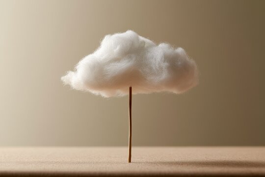 Surreal white fluffy cloud made of cotton wool on a wooden stick over a neutral background