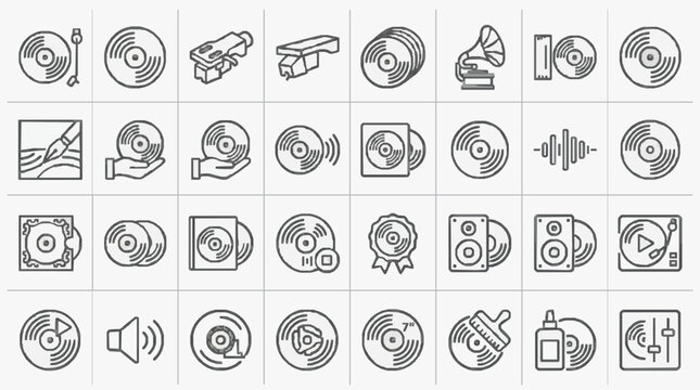 Professional Black and White Line Icons Set Featuring Vinyl Records Audio Equipment and Music Related Symbols
