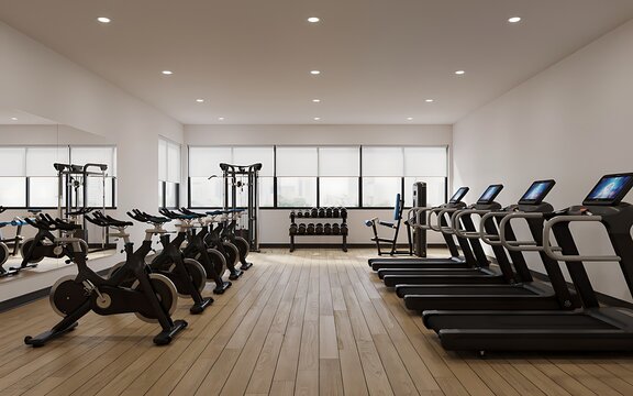 Modern gym featuring a variety of exercise machines including treadmills and stationary bikes in a well-lit and spacious workout area