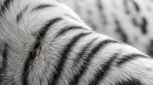 Macro texture of white tiger fur featuring elegant monochrome stripe patterns