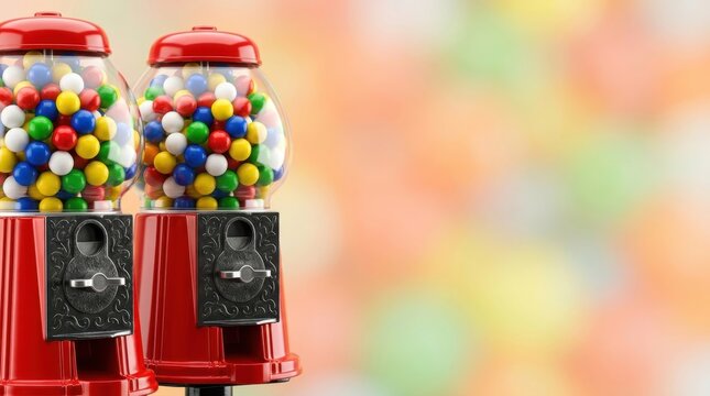 Two classic red gumball machines standing side by side filled with variety of colorful round bubblegum candies against a bright soft bokeh background. This vintage scene evokes nostalgia and joy