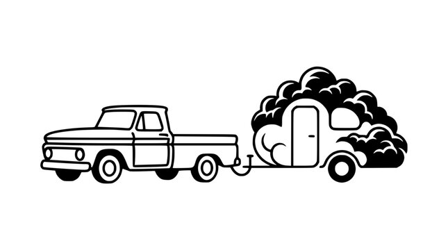 Vintage Pickup Truck Pulling Cloud-Shaped Camper Trailer, Retro Travel