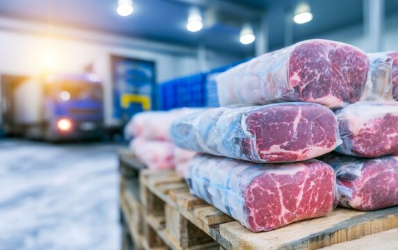 Vacuum Sealed Fresh Beef Packages Stacked Neatly on Wooden Pallets in Cold Storage Facility