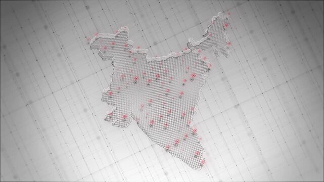 Gray India location map visual with dotted state texture, red markers, and clean digital grid layout. Perfect for regional videos, logistics reports, travel intros, data screens, and overlays.