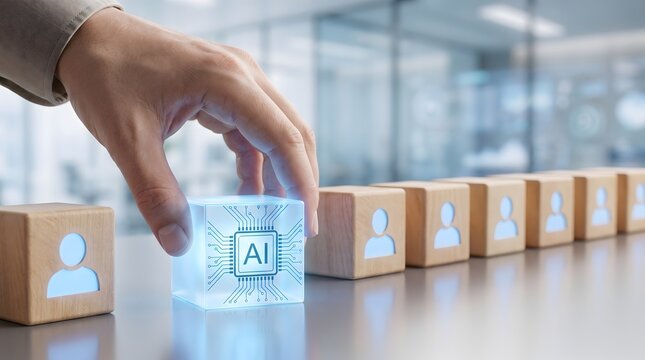AI Integration in Business Strategy Shown by Hand and Cubes