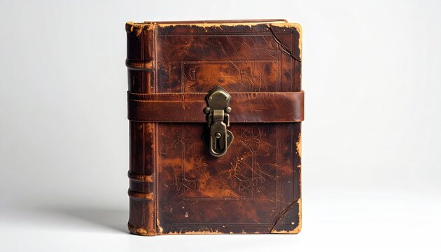 Aged leather-bound book with a brass clasp, showing signs of wear