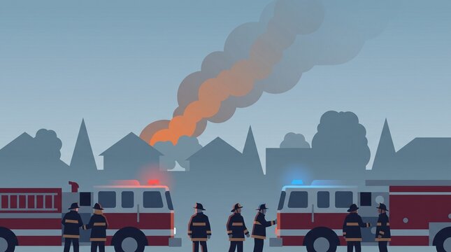 Firefighters and fire trucks responding to house fire with smoke rising in suburban neighborhood flat illustration