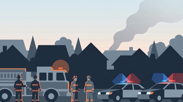 Firefighters and police responding to emergency fire scene in suburban neighborhood flat illustration