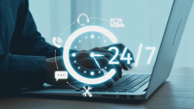 A modern workspace scene showcasing hands typing on a laptop, complemented by a digital clock graphic symbolizing constant availability and effective communication. Qubit