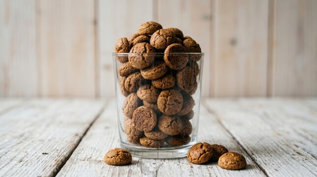 Delicious crunchy kruidnoten spiced cookies piled high in a clear glass on a rustic white wooden table representing traditional Dutch sinterklaas holiday celebrations and seasonal festive winter