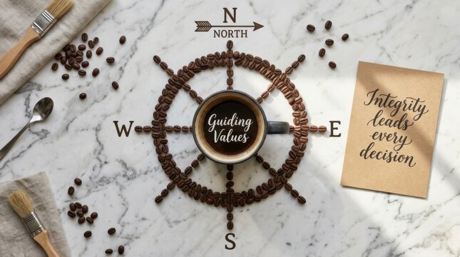 Inspirational conceptual flat lay photo featuring coffee cup with guiding values text surrounded by beans arranged as compass on marble surface with integrity quote card for business and