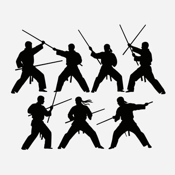 Ninja Warriors Silhouette with Swords - Martial Arts Action Poses