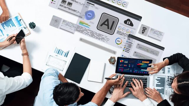 Professionals engage in data analysis using advanced technology and AI tools to derive business insights, fostering collaboration in a modern office setting. Raster