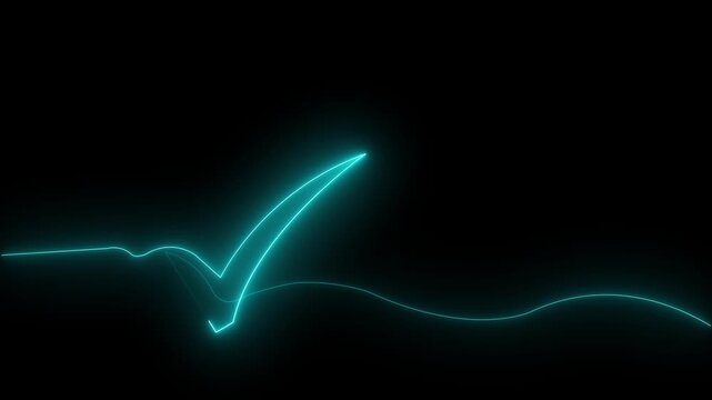 Neon cyan check mark forming on black background abstract glowing line animation success confirmation approval verification .Motion graphics of concept