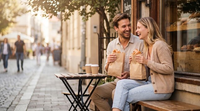 Couple enjoys Summer Bank Holiday outside bakery