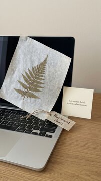 Digital Detox setup with a natural fern leaf and 'Parchment Pause' tag on a laptop