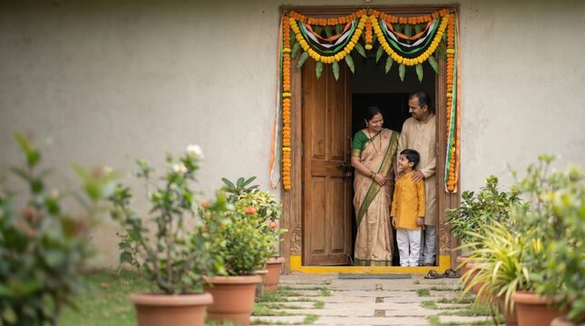 Indian Family at Home Entrance Celebrating India's Independence Day with Festive Decor