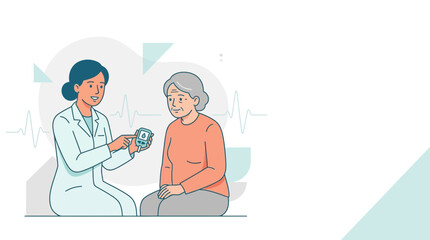 Fototapeta premium Pharmacist consulting senior patient on diabetes management with glucose meter, vector illustration